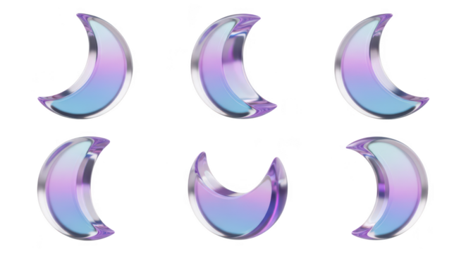 Rendered set of six pastel glass crescent moons against a clean white background for design elements or celestial themes
