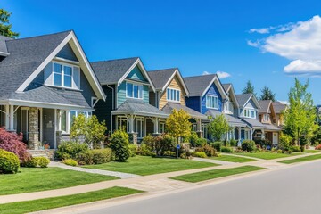 Suburban homes in neat row with blue sky