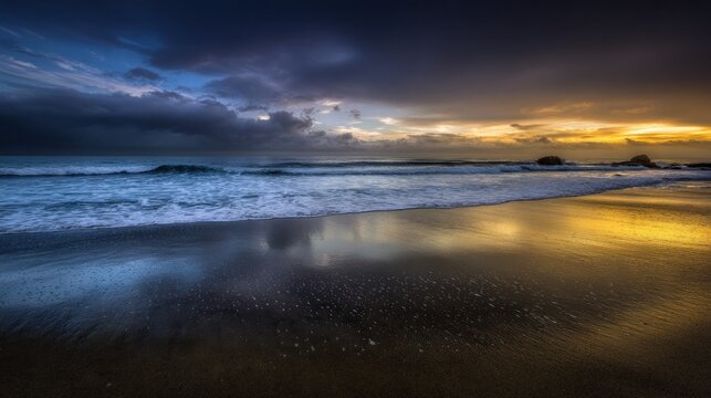 Dramatic coastal sunrise/sunset; stormy clouds meet golden light on beach - Powered by Adobe