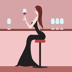 A girl in a black evening dress at a bar with a glass of wine.Vector illustration of a girl at the bar.