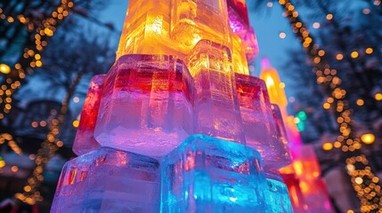 Colorful ice sculptures illuminated at winter festival