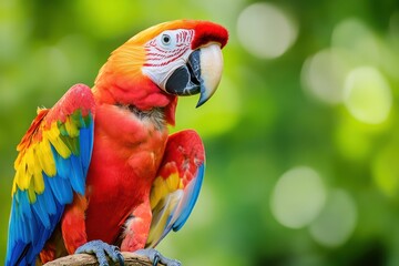 Fototapeta premium Colorful parrot with curious expression on green