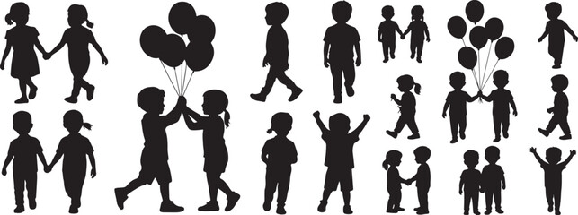 Playing children Silhouette vector set. Silhouette of children playing with balloons