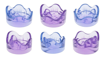 Six colorful transparent decorative tealight holders arranged in a pattern on a white background for home decor use