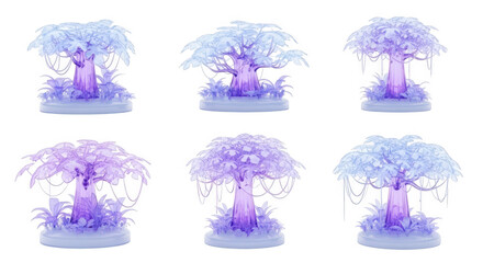 Six miniature ethereal trees with bioluminescent leaves and trunks stand on plinths against a white backdrop showcasing fantasy elements