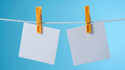 Two blank white cards hang on a clothesline with yellow clips, ready for your message.
