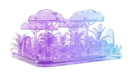 Transparent miniature forest scene with trees and plants rendered on white background used for concepts of nature technology and fantasy