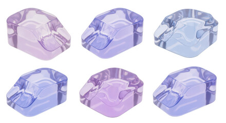 Six colorful transparent stylized miniature chairs isolated on white background showcasing design options for furniture or decor concepts