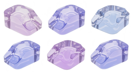 Six colorful transparent stylized miniature chairs isolated on white background showcasing design options for furniture or decor concepts