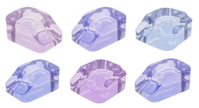 Six colorful transparent stylized miniature chairs isolated on white background showcasing design options for furniture or decor concepts