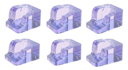 Six transparent abstract 3D-rendered shapes float against a white background suggesting potential design elements or digital assets for use in graphic design or visual compositions