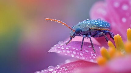 Colorful insect perched on a vibrant flower with dew