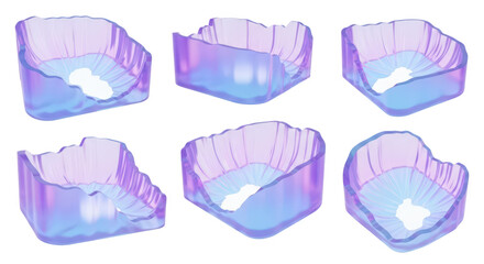 Translucent iridescent geometric vessels are showcased on a white background suggesting abstract display and decorative applications