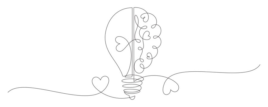 Continuous line drawing of half a light bulb and half a human brain illustration