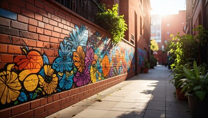 Vibrant Floral Graffiti Alleyway with Sunlight and Greenery