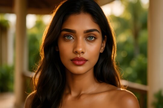 Stunning beauty portrait of a South Asian woman with striking blue eyes in a tropical setting