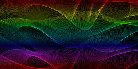 Colorful abstract lines forming a vibrant wave in a dark background setting