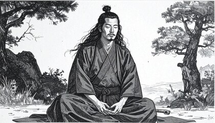 Samurai Meditating in Traditional Japanese Attire (Black and White Line Art)
