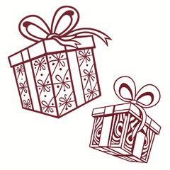 Two stylized gift boxes with bows and decorative patterns in a simple line art style