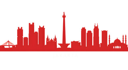  illustration of the Jakarta city skyline in a red silhouette style, featuring iconic landmarks such as the Monas, Istiqlal Mosque, and various modern skyscrapers