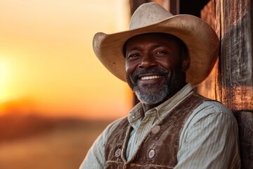 Smiling cowboy man at barn during sunset