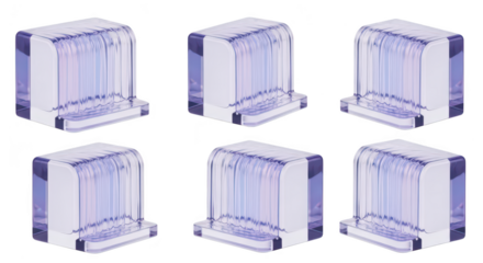 Six transparent plastic electronic component enclosures arranged on a plain white background for conceptual design product illustration and technical diagrams