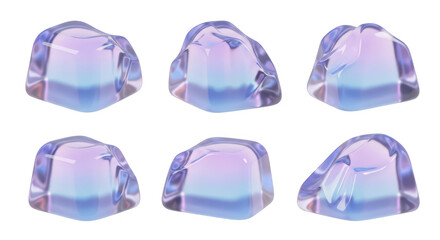 Six 3D rendered colorful ice cubes isolated on white background for use as graphic elements