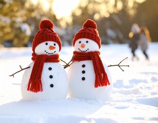 Two snowmen with little red hats and scarves, pure winter joy. Behind them, two kids playing in the snow at sunset