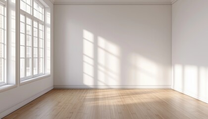 Obraz premium Minimalistic Interior Design: Spacious Living Room Or Bedroom With White Walls, Wooden Floors, And Corner Window. Wide-Angle Perspective Captured.