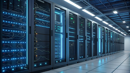 Data center room with rows of server racks for cloud computing