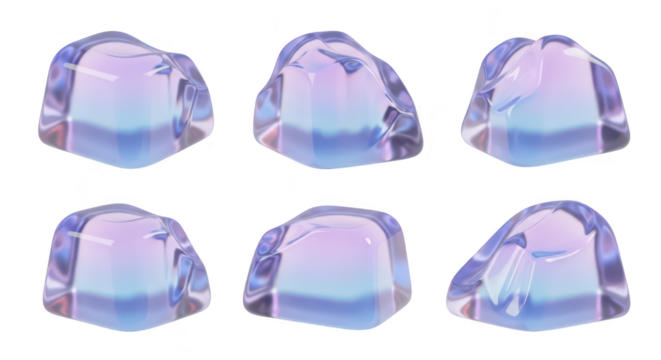 Six 3D rendered colorful ice cubes isolated on white background for use as graphic elements