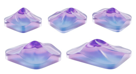 Five stylized glass mountain shapes in gradient colors float against a clean white backdrop for artistic abstract graphic design
