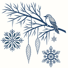 Stylized winter scene with a bird on a branch adorned with snowflakes and pinecone ornaments