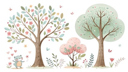 set of trees for baby design isolated watercolor