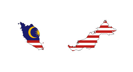  vector illustration of the map of Malaysia filled with the red, white, blue, and yellow colors of the Malaysian national flag