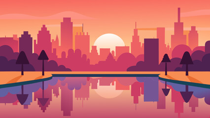 Vibrant city park with a lake reflecting orange and pink sunset hues