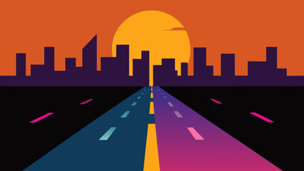 Reflective city road wet with rain reflecting the colors of sunset