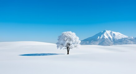 Lone Tree Covered in Snow Standing Proudly in a Vast Winter Landscape with Mountain Backdrop and Blue Sky