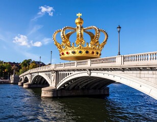 Large golden crown atop a bridge over water
