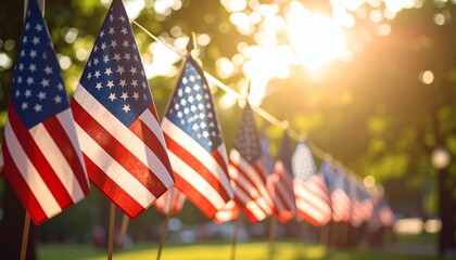 American Flags Line Up Bathed in Golden Sunset Light, Patriotic Cel...
