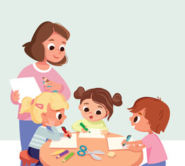 Creative Arts and Crafts Classes. Teacher and kids leaning to draw with pencils and paints, sitting around the table. After School Activities in kinder garden. Teacher with kids and toddlers.
