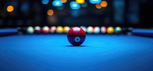 Single red pool ball on blue table