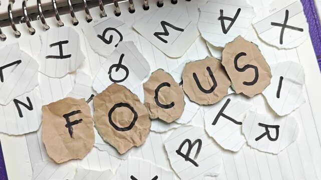 Hand Arranges FOCUS Letters on Notepad Amidst Scattered Alphabet Pieces.
