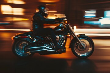Night shot of chopper motorcycle speeding on street