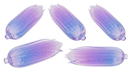 Five stylized translucent corn cobs rendered with a vibrant blue and purple gradient floating against a plain white backdrop for creative or artistic purposes