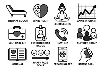 Mental health tools and techniques: therapy couch, mindfulness, support groups