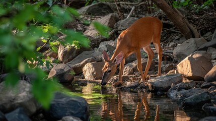 A fawn drinks from a stream in a forest