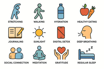 Healthy habits icons: stretching, walking, and more for wellness