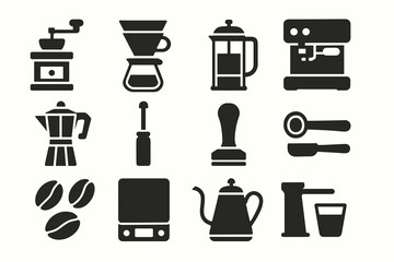 Coffee preparation icons including grinder and espresso machine on white background