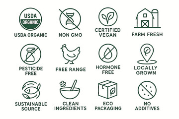 Organic farming icons: usda organic, non-gmo, vegan, farm fresh, sustainable